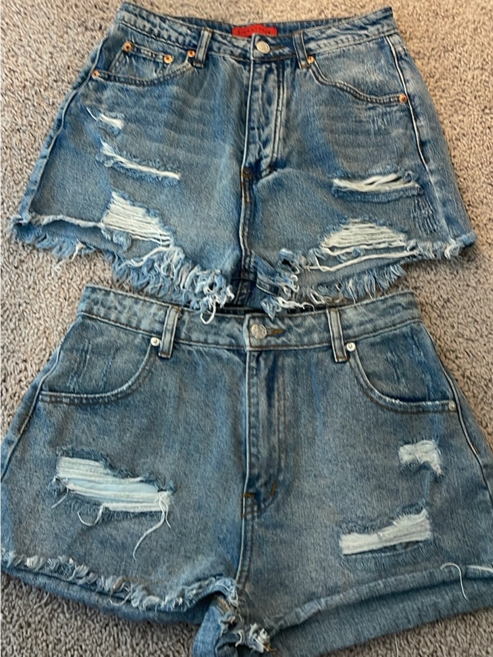 2 pr Medium Distressed High-Waist Denim Shorts - Light Blue